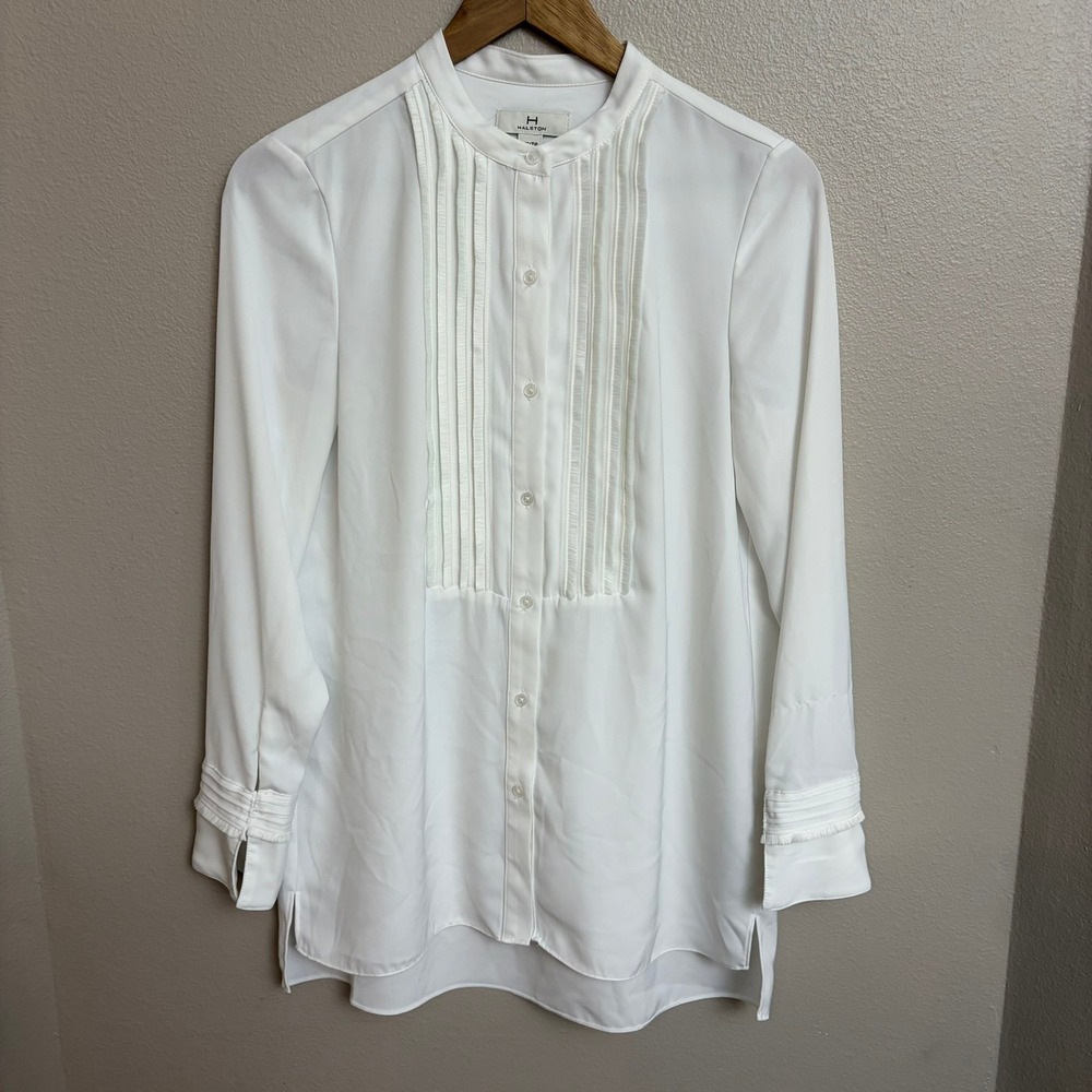 H by Halston Tuxedo Blouse XS White Pleated Bib Long Sleeve Tunic Top